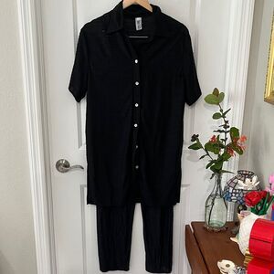 Christina Black Textured Lounge Set Vintage Shell Buttons VTG FITS SZ s-M
